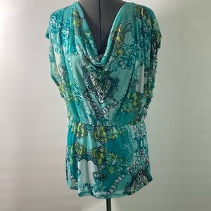 Studio Y Top Women Size XL Green & White Draped Neck Line Semi Sheer Lined